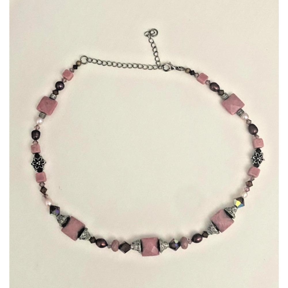 Handcrafted Pink Rhodonite And Crystal Beaded Necklace Silver Tone Lobster Clasp
